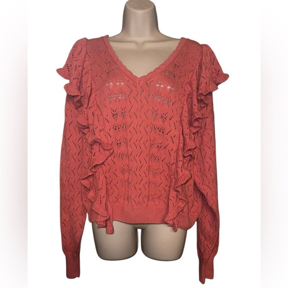 Andrew Marc New York Faded Rose Pink Ruffle V-neck Knit Sweater Women